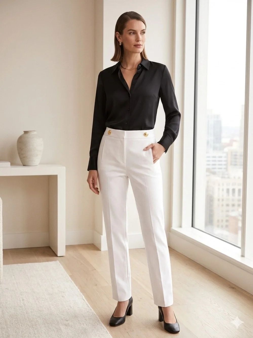Ann Taylor Classic High-Rise White Dress Pants gold buttons quiet luxury 10 tall